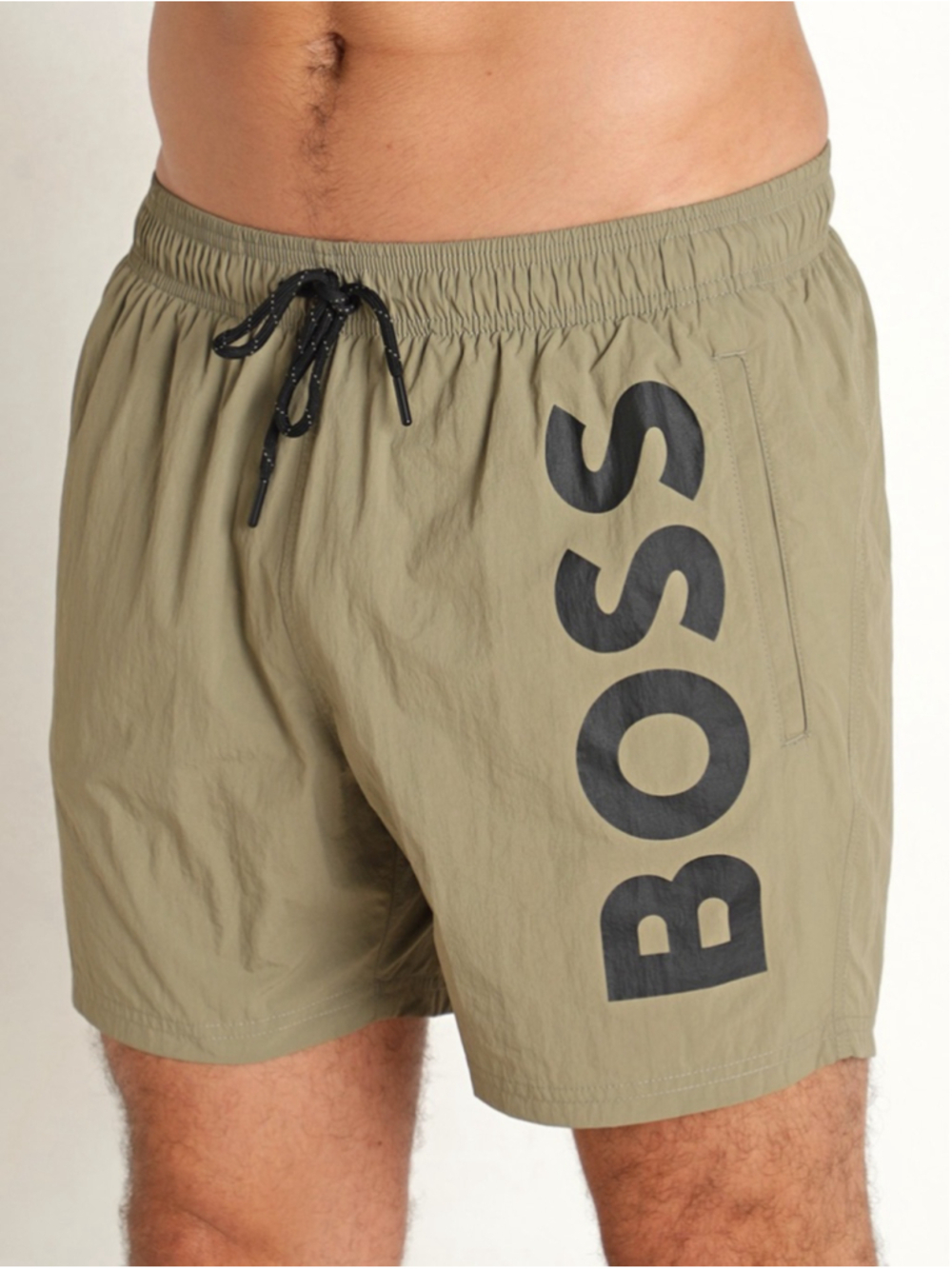 Men's BOSS Army GreenSwim Trunks with Black Logo - Size M EUC